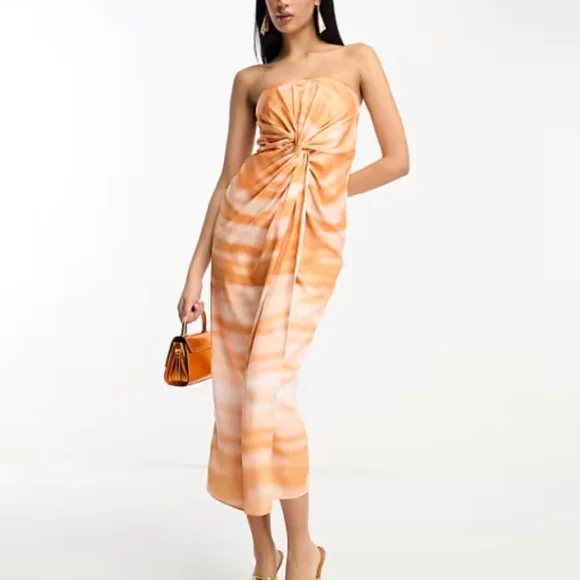 NWT Asos satin bandeau twist from midi dress orange dyed effect print size 8 - Picture 2 of 10
